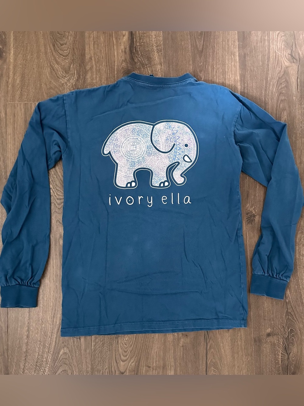 Ivory Ella 100% Cotton Long-Sleeve Pocket Tee in Blue with Elephant Graphic